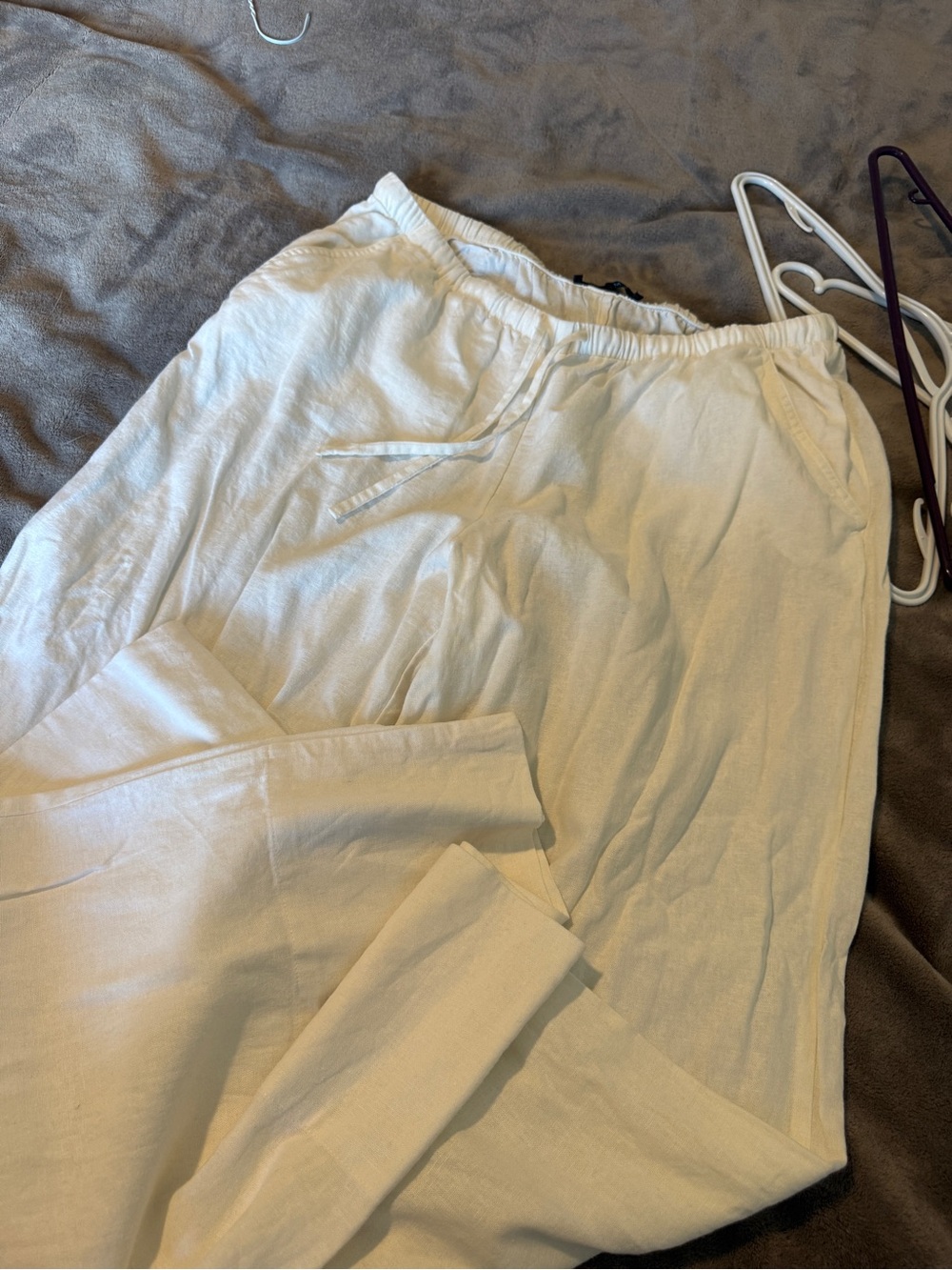 White Linen Blend Drawstring Pants